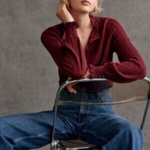 Sezane Louis Merino Wool Cardigan Burgundy Small French